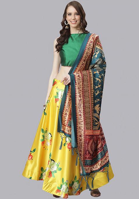 Green Digital Print Satin Silk Lehenga Set