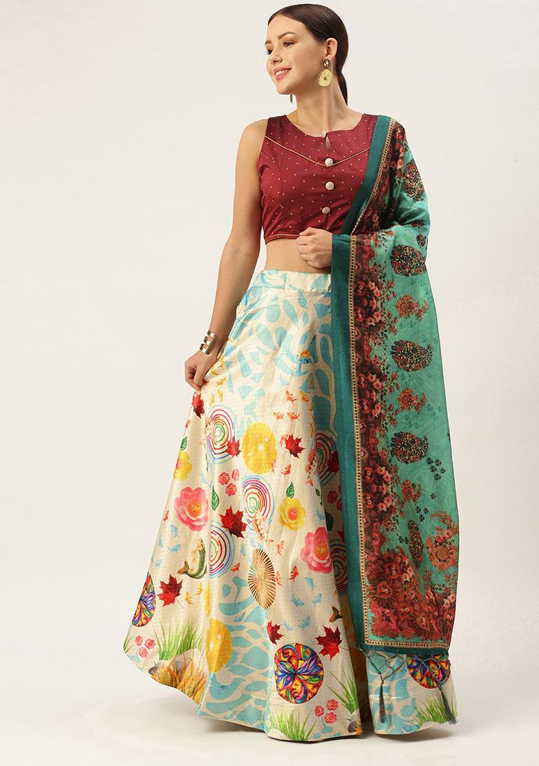 Maroon Digital Print Satin Silk Lehenga Set
