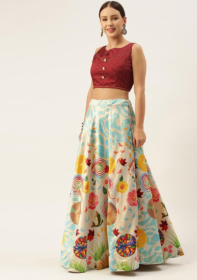 Maroon Digital Print Satin Silk Lehenga Set