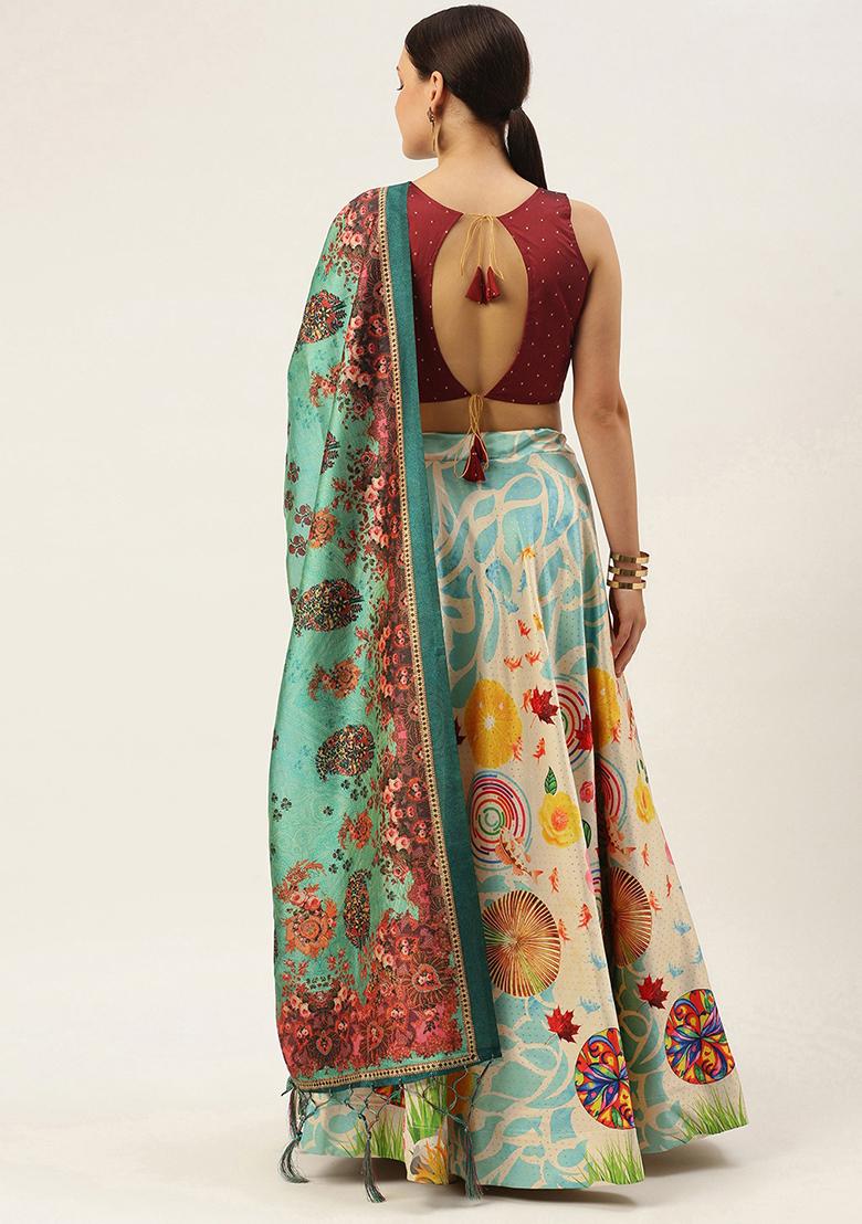 Maroon Digital Print Satin Silk Lehenga Set