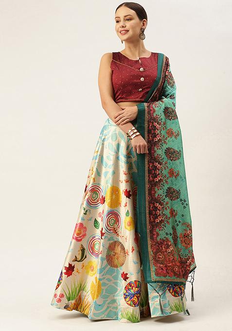 Maroon Digital Print Satin Silk Lehenga Set