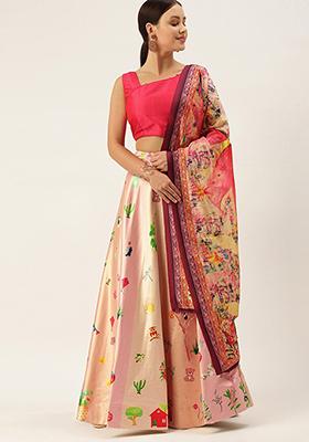 Pink Digital Print Satin Silk Lehenga Set