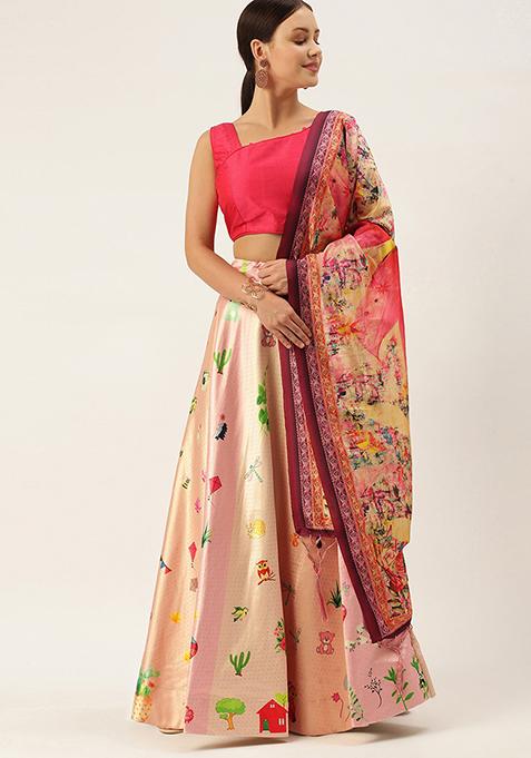 Pink Digital Print Satin Silk Lehenga Set