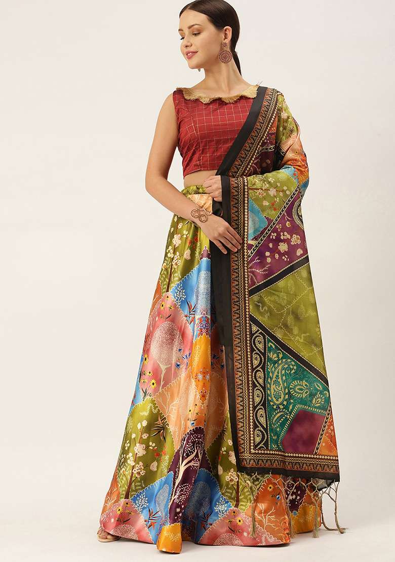 Deep Red Digital Print Satin Silk Blend Lehenga Set for Diwali and Festive Wear - Indya