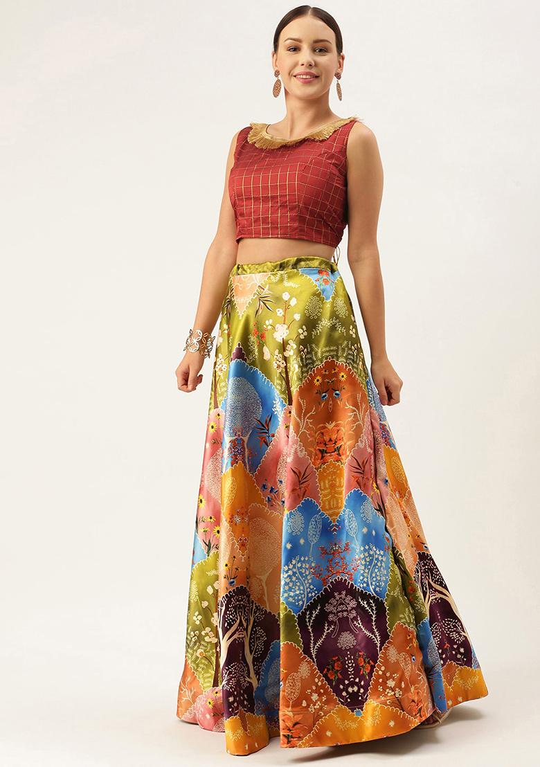 Deep Red Digital Print Satin Silk Lehenga Set