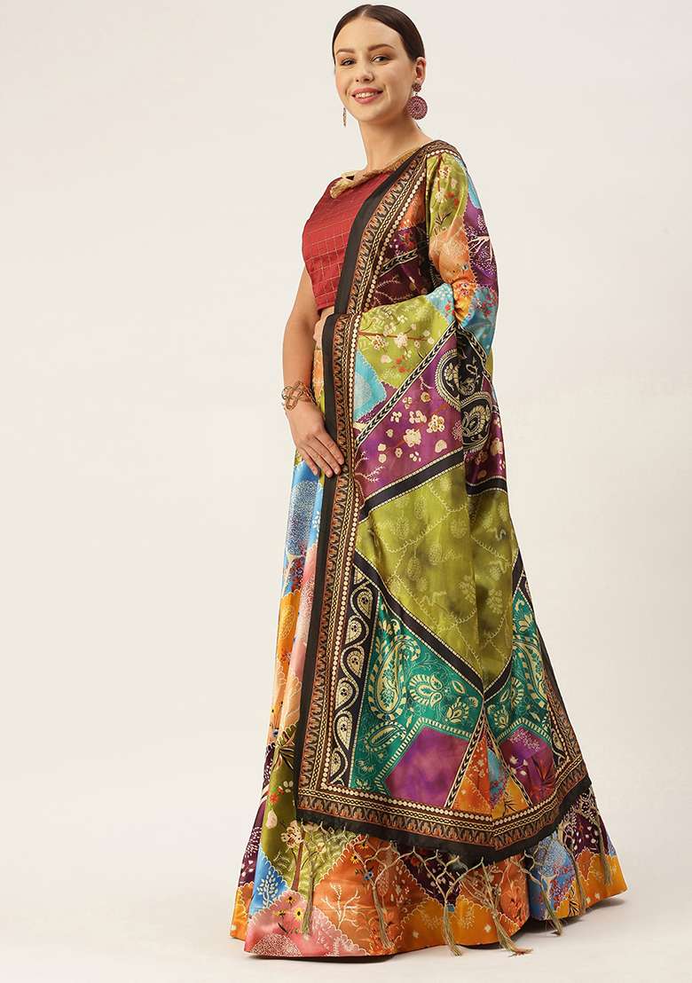 Deep Red Digital Print Satin Silk Blend Lehenga Set for Diwali and Festive Wear - Indya