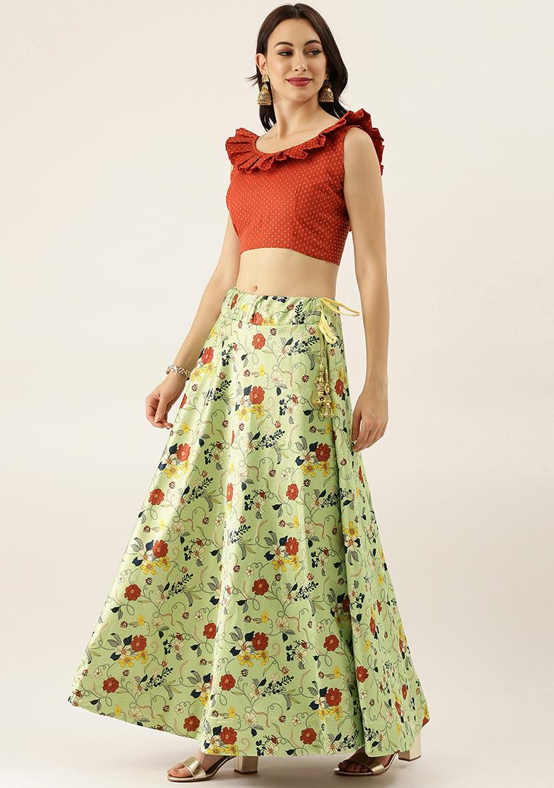 Red Digital Print Silk Satin Lehenga Set