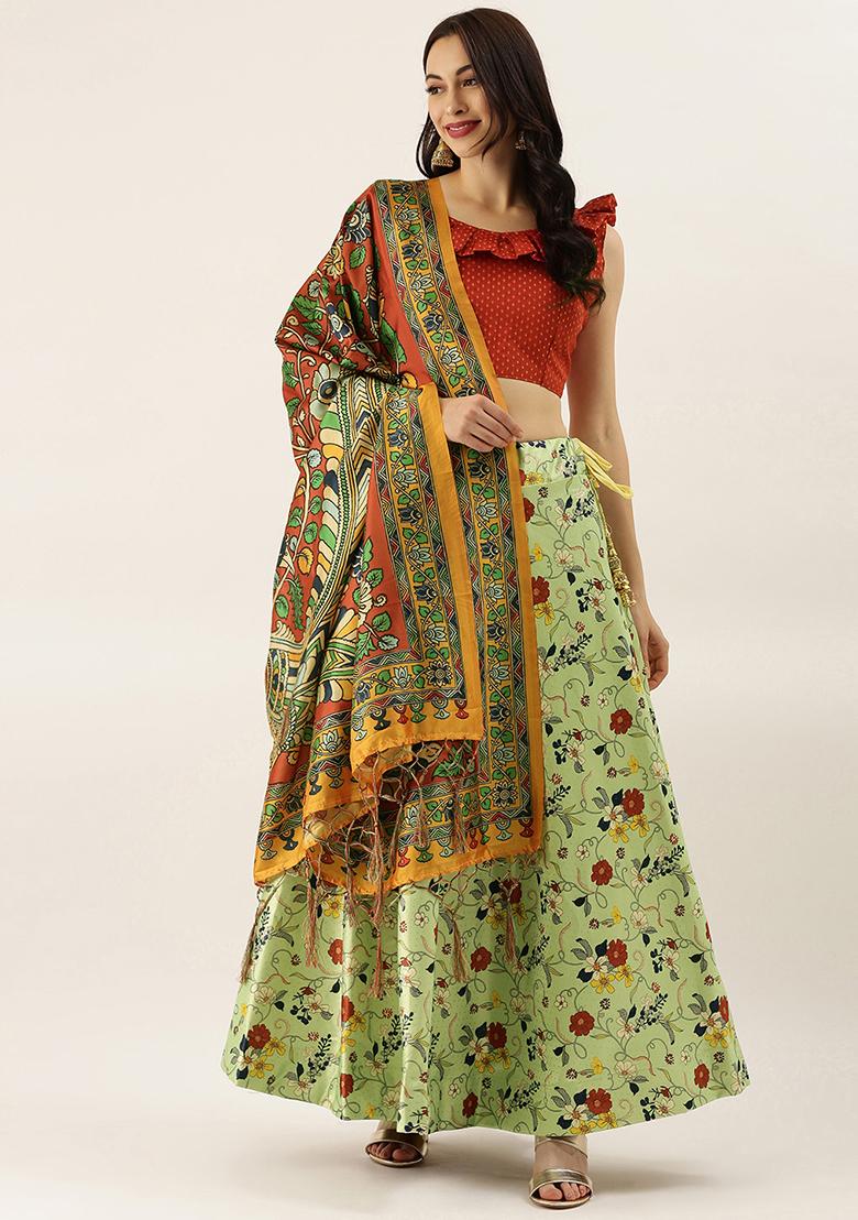 Red Digital Print Silk Satin Lehenga Set