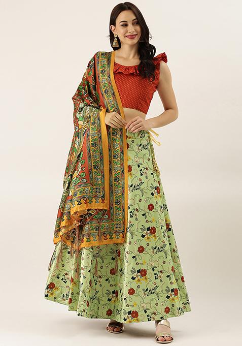 Red Digital Print Silk Satin Lehenga Set