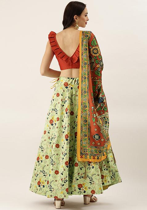 Red Digital Print Silk Satin Lehenga Set