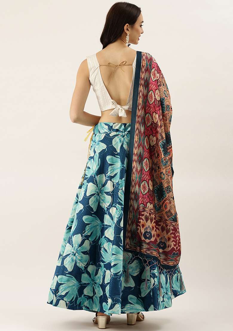 White Satin Silk Blend Lehenga Set with Printed for Diwali | Wedding & Festive Wear - Indya