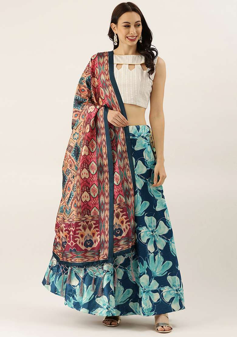 White Satin Silk Blend Lehenga Set with Printed for Diwali | Wedding & Festive Wear - Indya