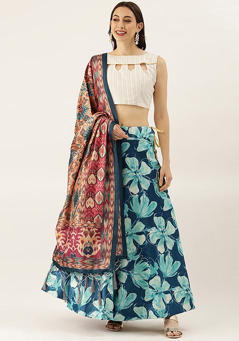 White Printed Silk Satin Lehenga Set