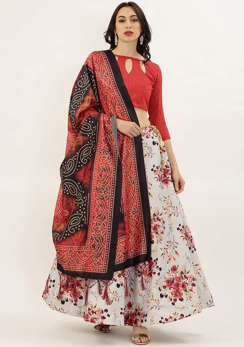 Red Printed Silk Blend Satin Lehenga Set for Diwali and Festive Wear - Indya