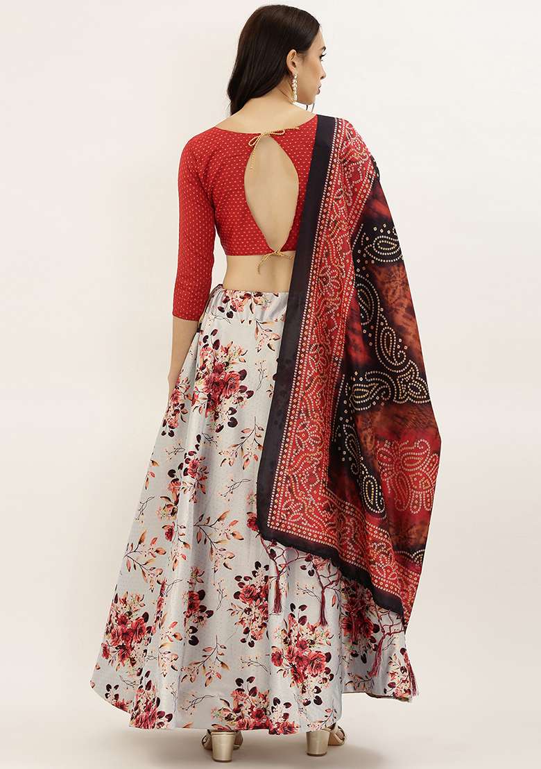 Red Printed Silk Blend Satin Lehenga Set for Diwali and Festive Wear - Indya