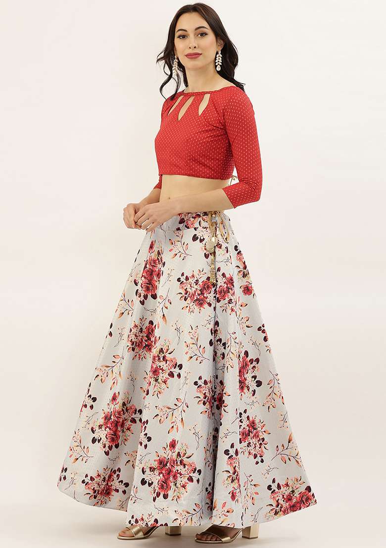 Red Printed Silk Blend Satin Lehenga Set for Diwali and Festive Wear - Indya