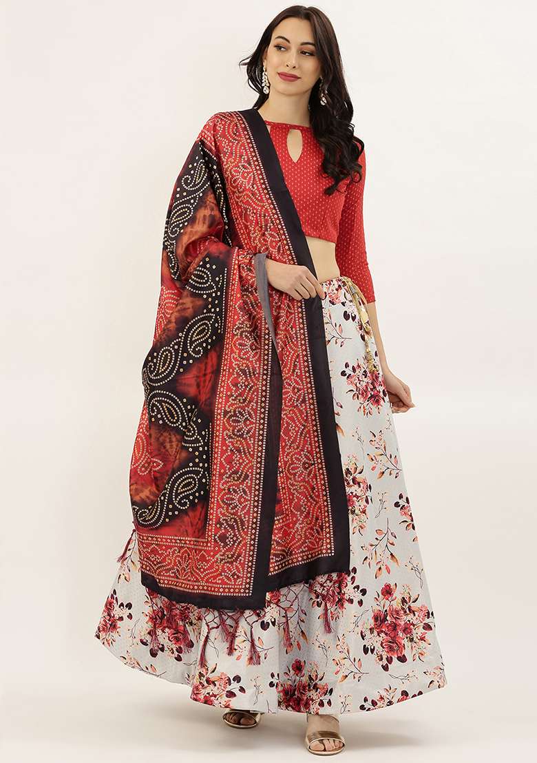 Red Printed Silk Blend Satin Lehenga Set for Diwali and Festive Wear - Indya