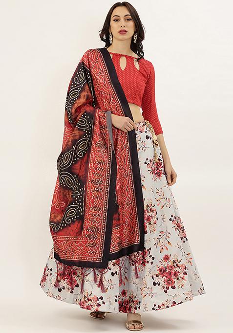 Red Printed Silk Satin Lehenga Set