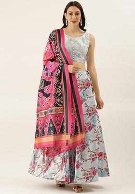 Sky Blue Printed Silk Satin Lehenga Set