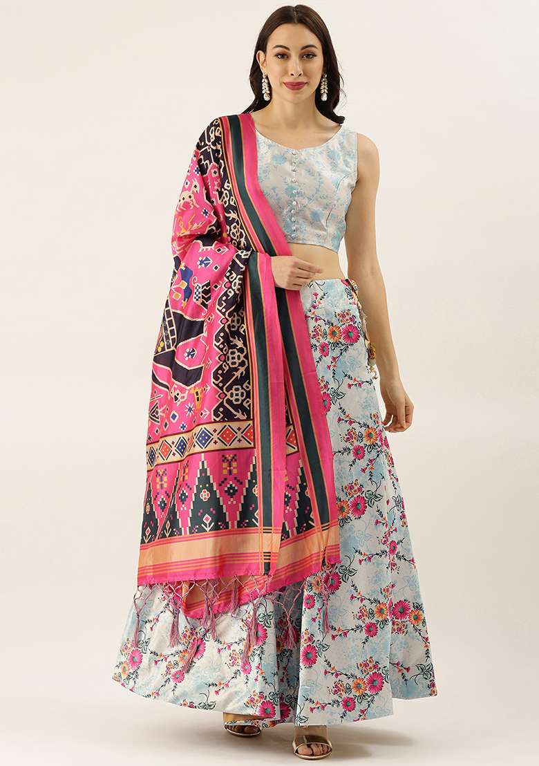 Sky Blue Printed Silk Blend Satin Lehenga Set for Diwali and Festive Wear - Indya