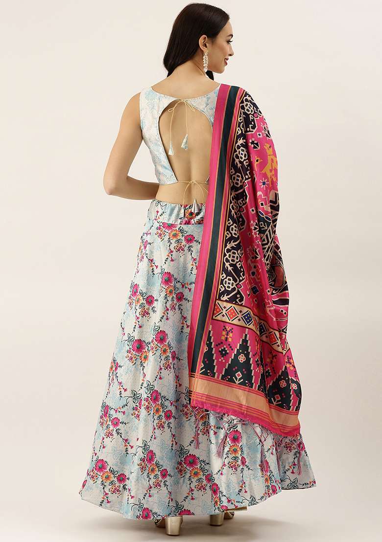 Sky Blue Printed Silk Blend Satin Lehenga Set for Diwali and Festive Wear - Indya