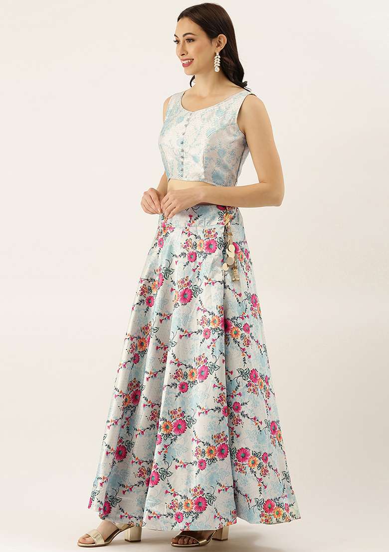 Sky Blue Printed Silk Blend Satin Lehenga Set for Diwali and Festive Wear - Indya