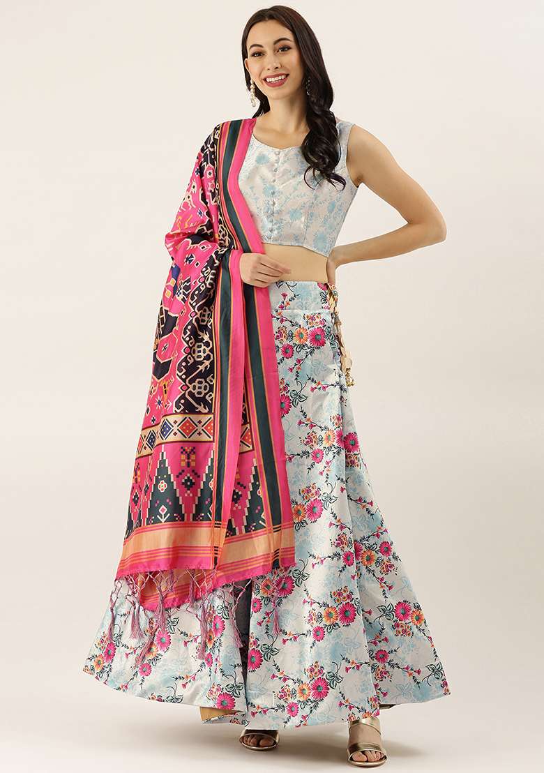 Sky Blue Printed Silk Blend Satin Lehenga Set for Diwali and Festive Wear - Indya