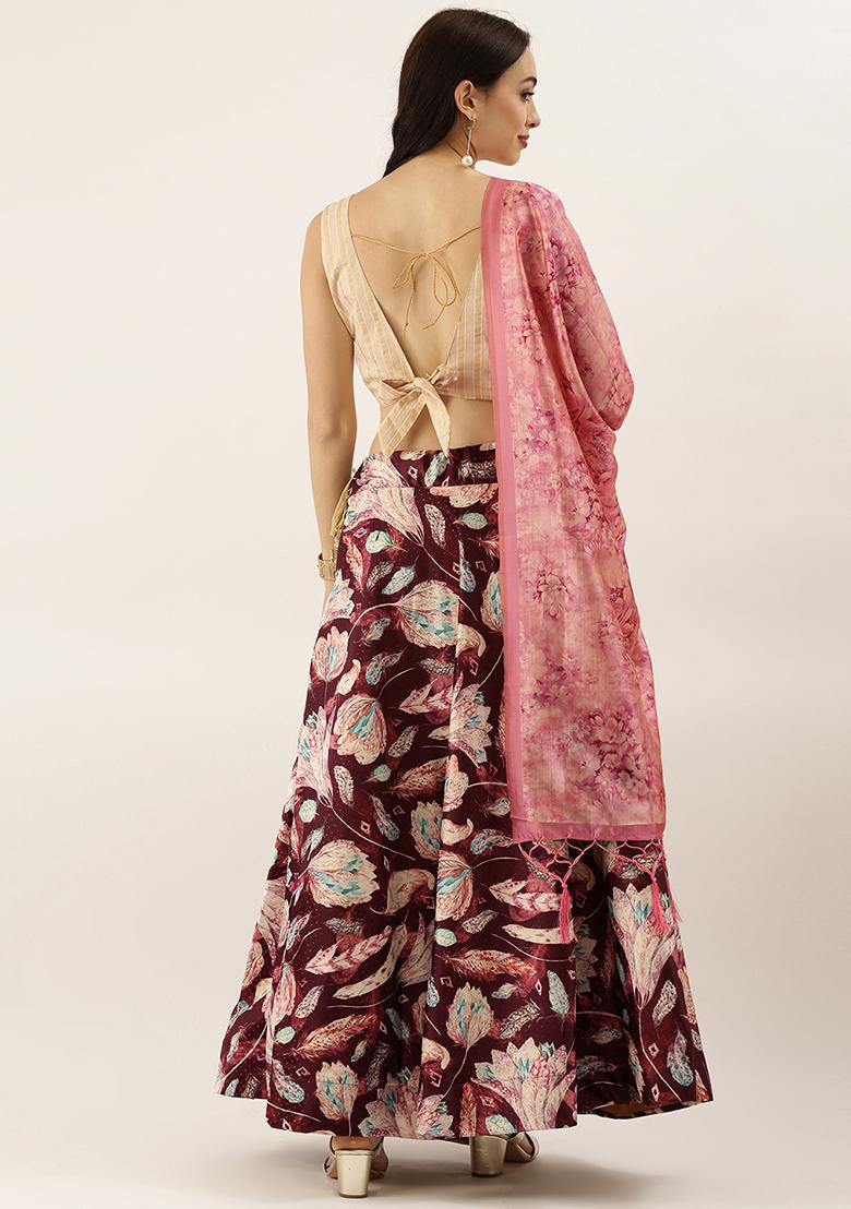 Cream Printed Silk Satin Lehenga Set