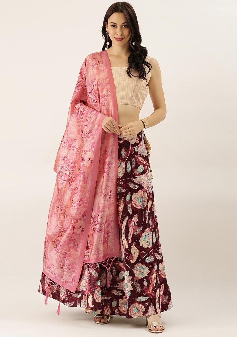 Cream Printed Silk Satin Lehenga Set