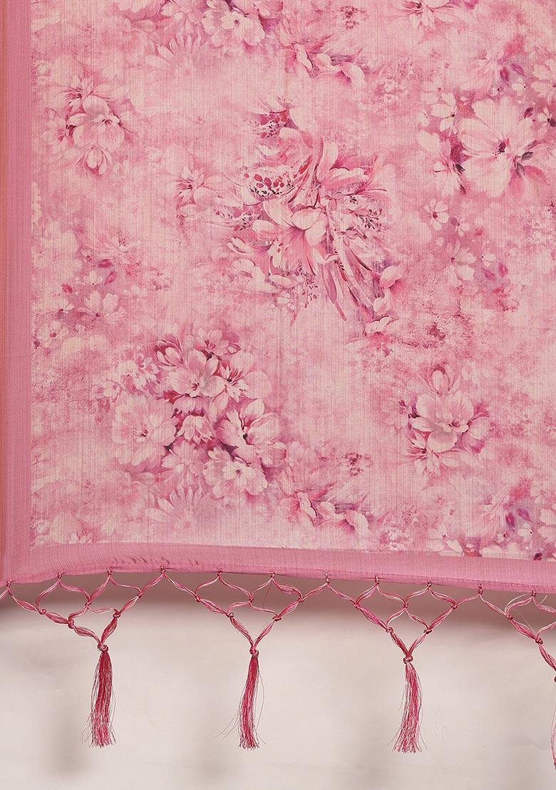 Cream Printed Silk Satin Lehenga Set