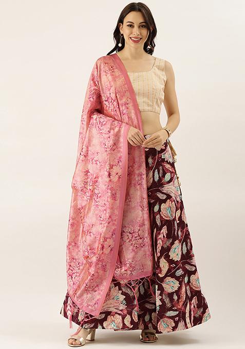 Cream Printed Silk Satin Lehenga Set