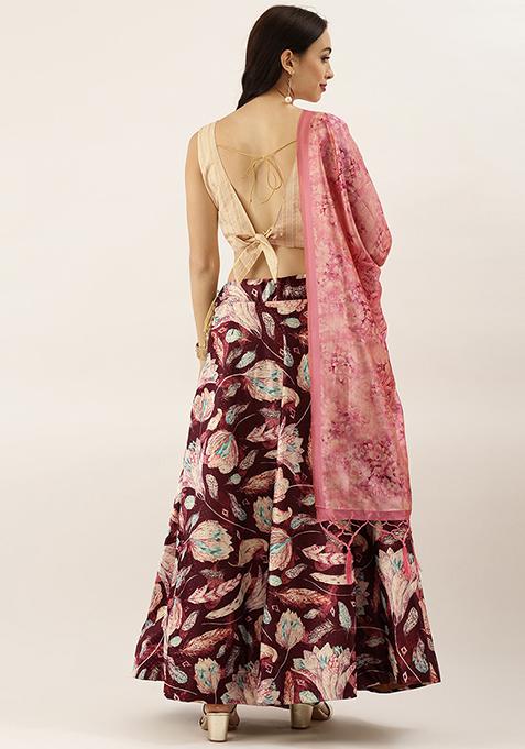 Cream Printed Silk Satin Lehenga Set