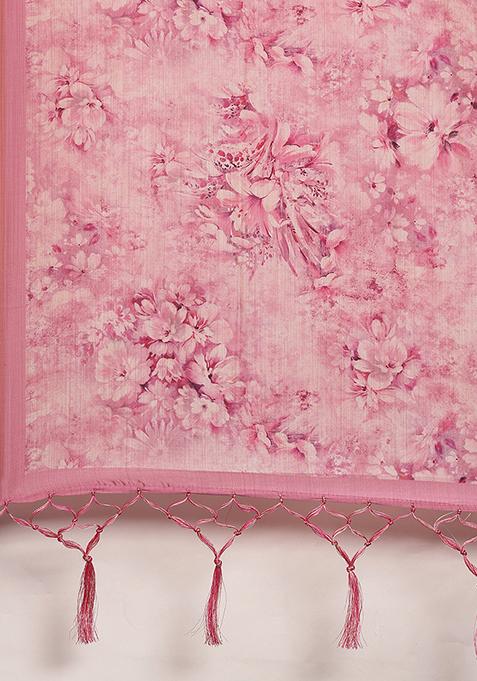 Cream Printed Silk Satin Lehenga Set