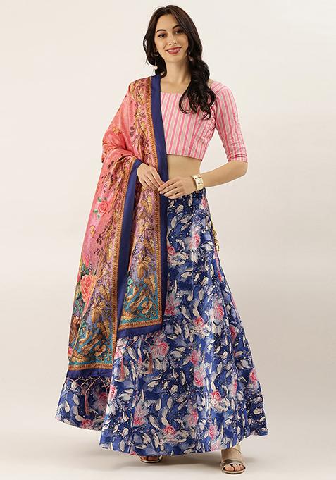 Pink Printed Satin Silk Lehenga Set