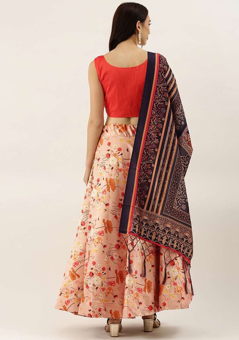 Orange Digital Print Silk Blend Satin Lehenga Set for Diwali and Festive Wear - Indya