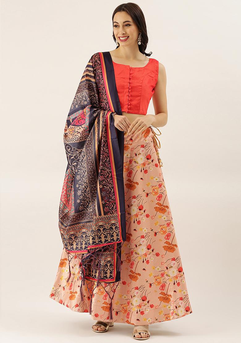 Orange Digital Print Silk Satin Lehenga Set - Indya