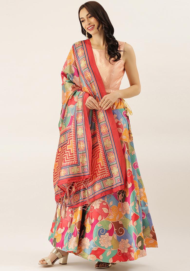 Cream Printed Satin Silk Lehenga Set