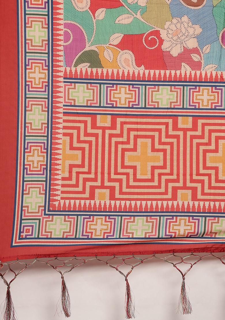 Cream Printed Satin Silk Lehenga Set