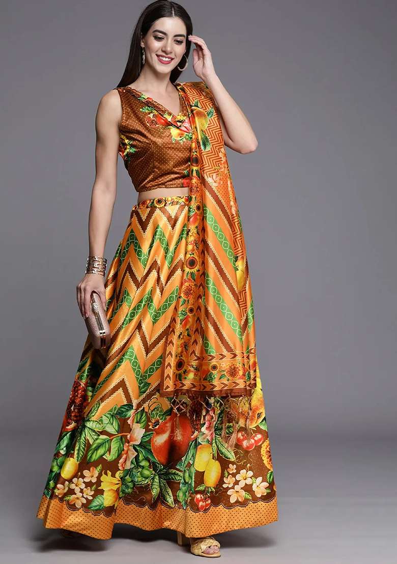 Mustard Blend Satin Silk Lehenga Set with Printed for Diwali | Wedding & Festive Wear - Indya