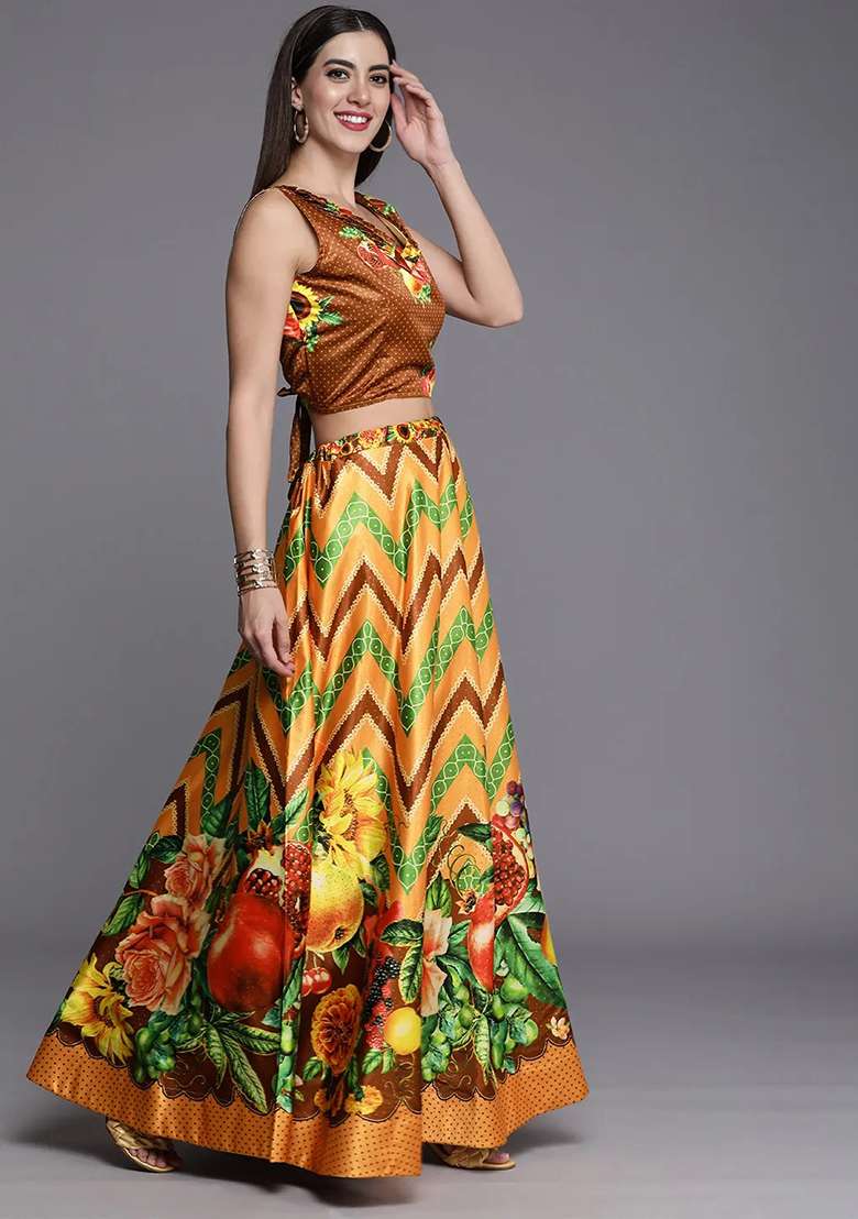 Mustard Blend Satin Silk Lehenga Set with Printed for Diwali | Wedding & Festive Wear - Indya