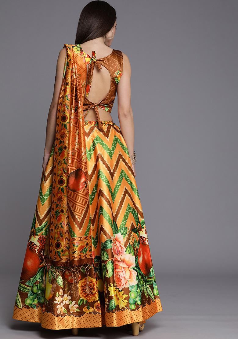Mustard Printed Satin Silk Lehenga Set - Indya