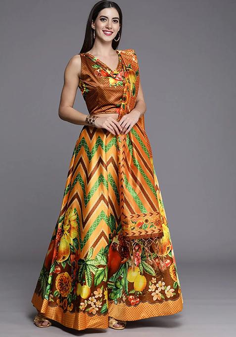 Mustard Printed Satin Silk Lehenga Set