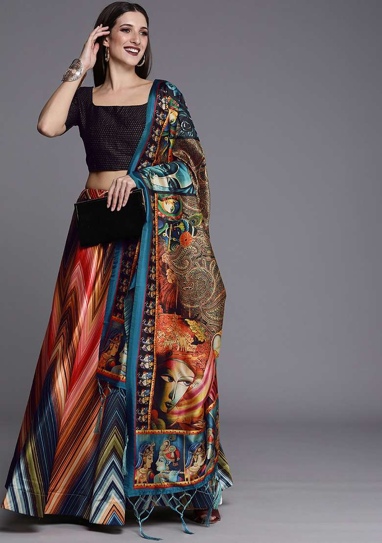 Black Printed Satin Silk Blend Lehenga Set for Diwali and Festive Wear - Indya