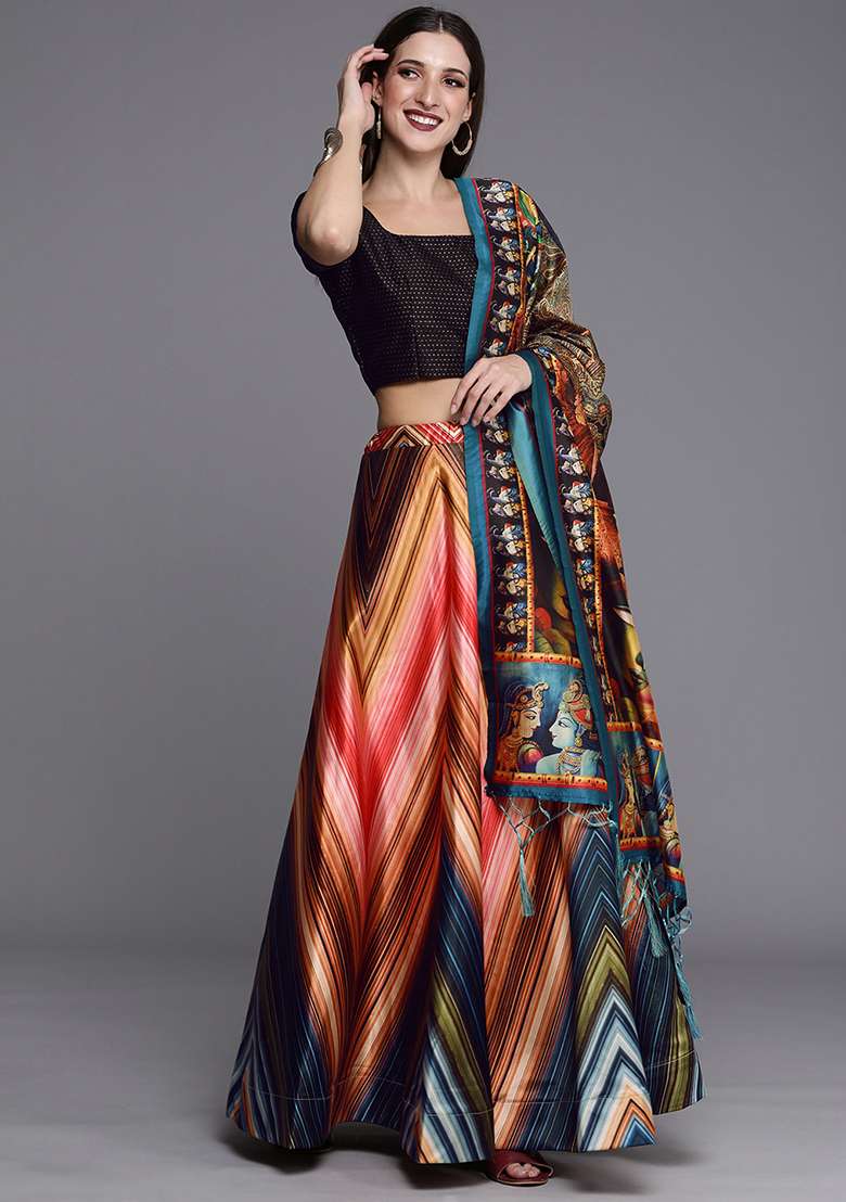 Black Printed Satin Silk Blend Lehenga Set for Diwali and Festive Wear - Indya