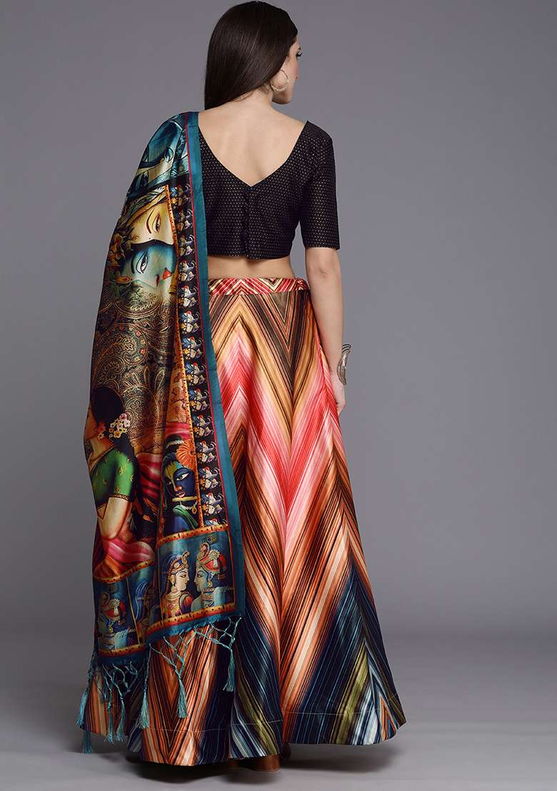 Black Printed Satin Silk Blend Lehenga Set for Diwali and Festive Wear - Indya