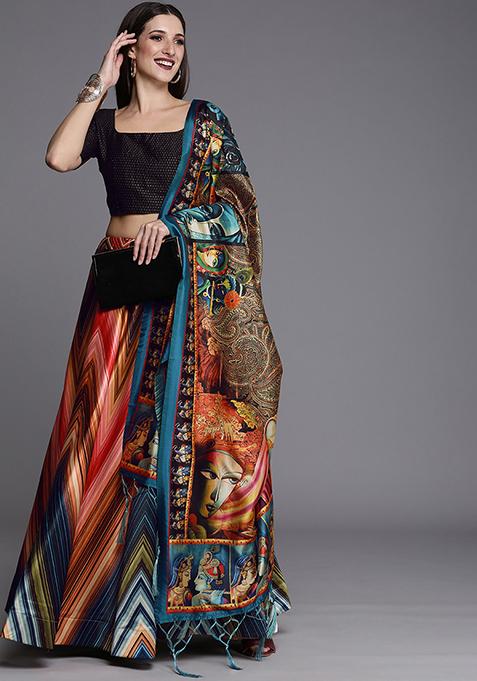 Black Printed Satin Silk Lehenga Set