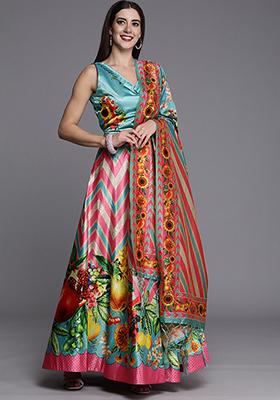 Sky Blue Printed Satin Silk Lehenga Set