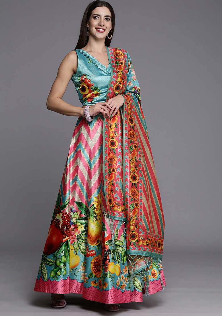 Sky Blue Printed Satin Silk Blend Lehenga Set for Diwali and Festive Wear - Indya