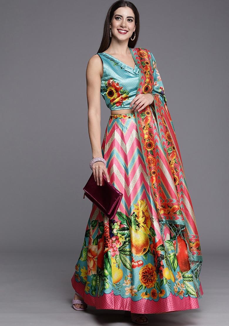 Sky Blue Printed Satin Silk Lehenga Set