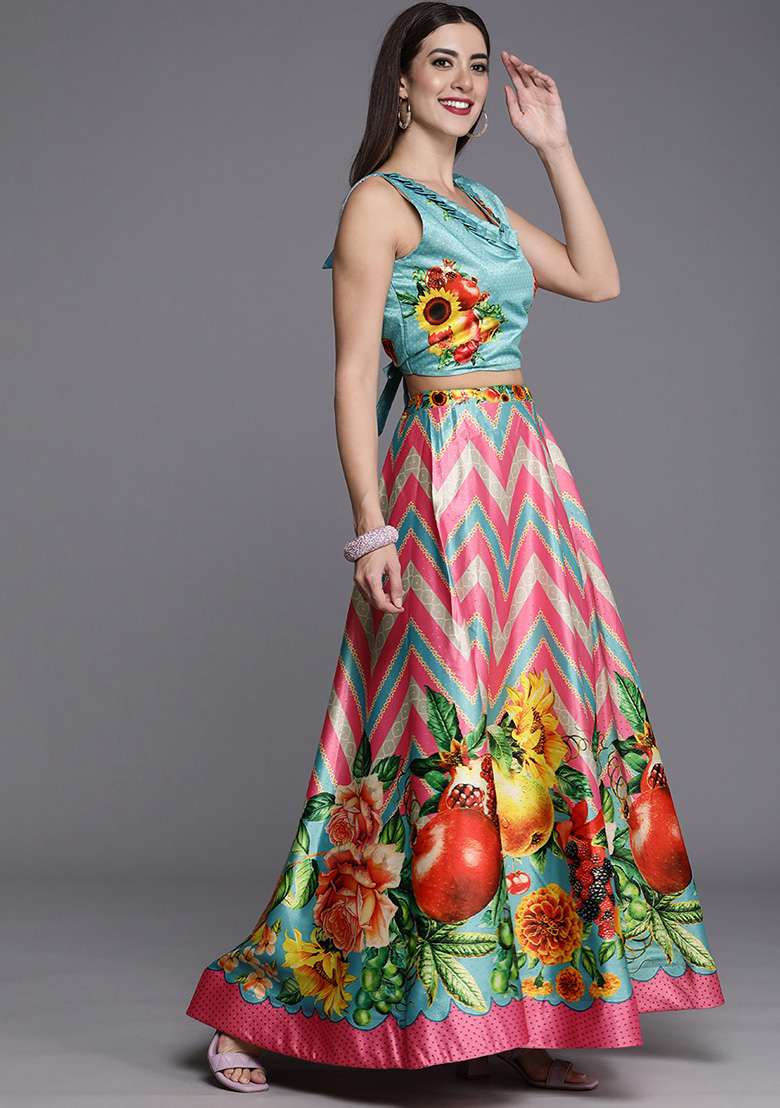 Sky Blue Printed Satin Silk Blend Lehenga Set for Diwali and Festive Wear - Indya